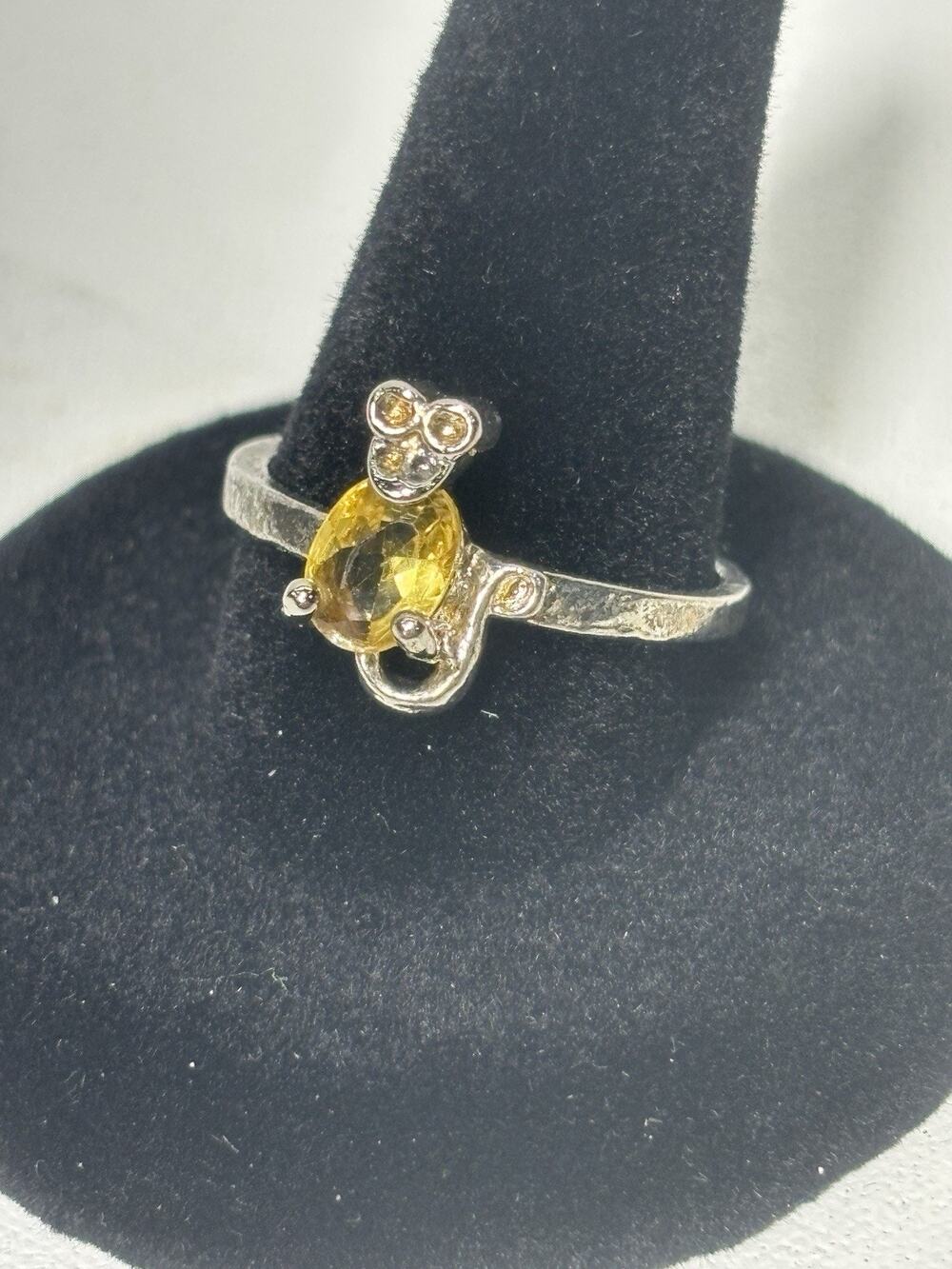Vintage 925 Sterling Silver Yellow Stone Mouse Ring Size 7.5 Estate